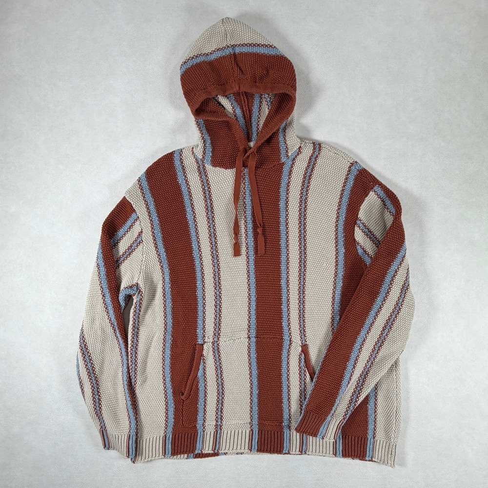 Lucky Brand Mens Large Striped Cotton Baja Hoodie Sweater Rust Orange Blue Y2K